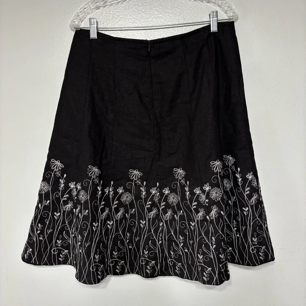 Christopher & Banks Black White Linen Blend Embroidered Floral Skirt Size 10